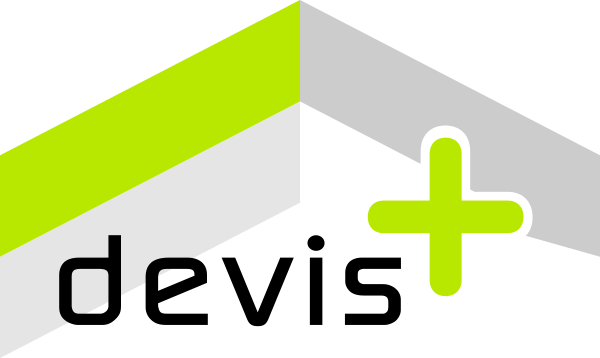 logo devis plus, toiture verte et grise sur fond transparent