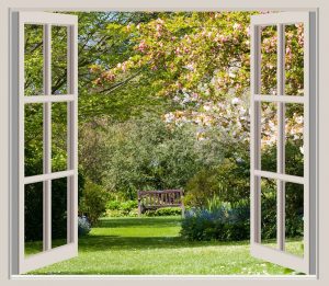 Fenêtre anglaise ouverte vers un jardin