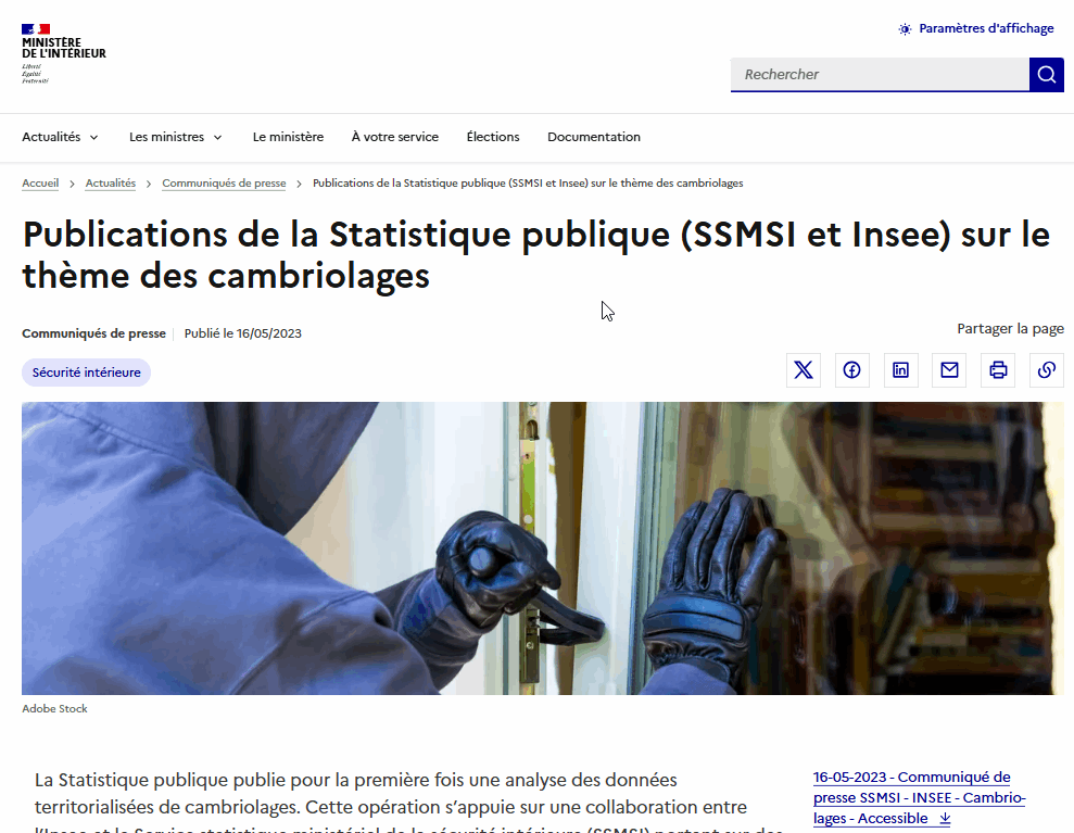 cambriolages statistiques article ministere interieur